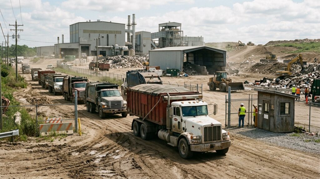 Municipal landfill entrance with trucks