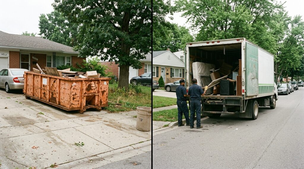 Dumpster and junk removal truck side by side