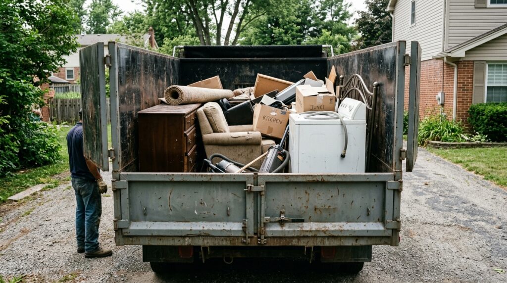 Half-loaded junk removal truck in driveway