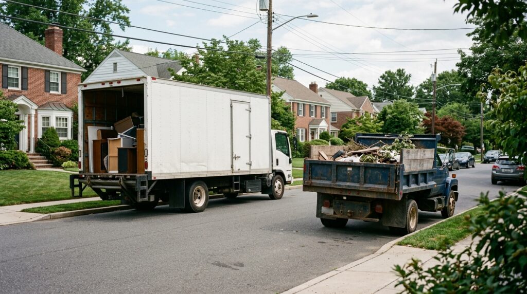 Two junk removal trucks on suburban street