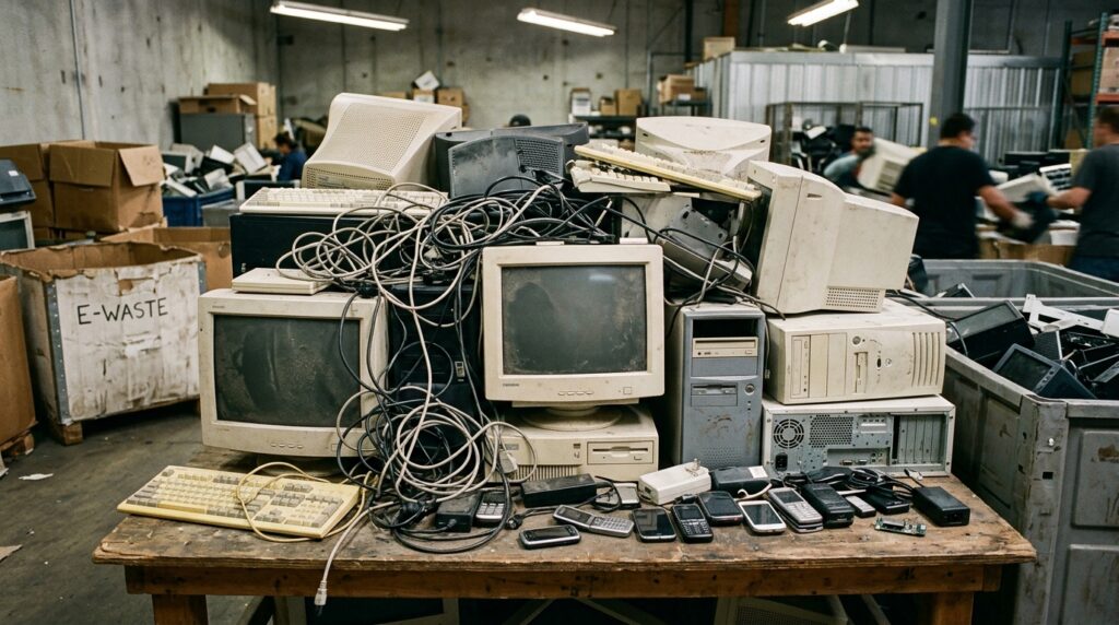Pile of old electronics at collection point