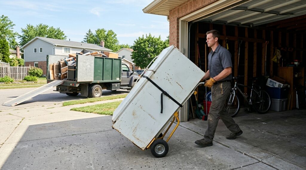 Worker moving refrigerator with dolly