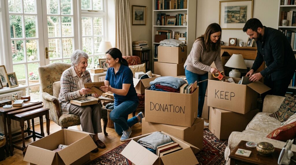 Workers helping a family pack and sort belongings in a living room with boxes labeled for donation and keep