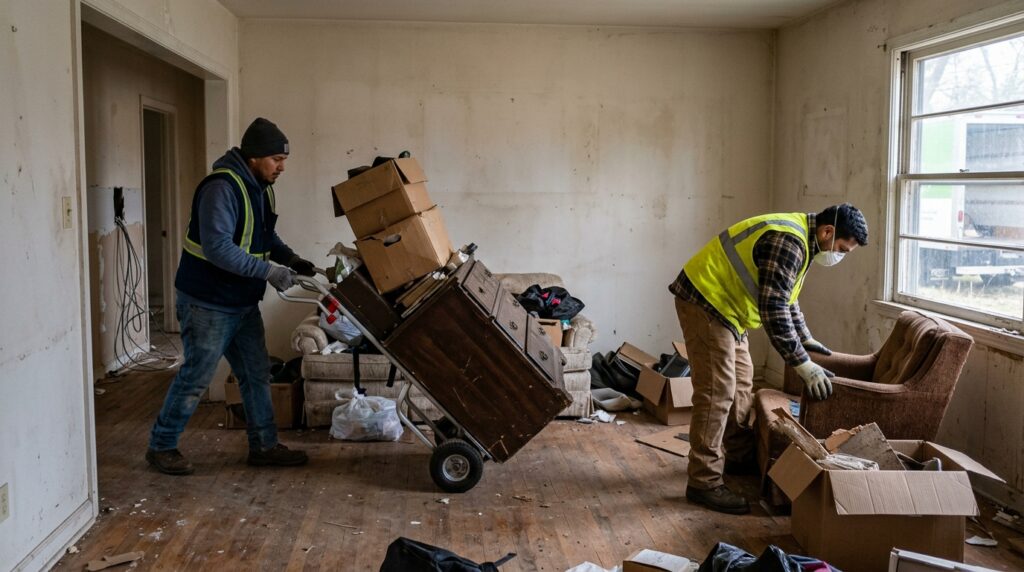 Workers clearing abandoned furniture and belongings from an empty foreclosure home
