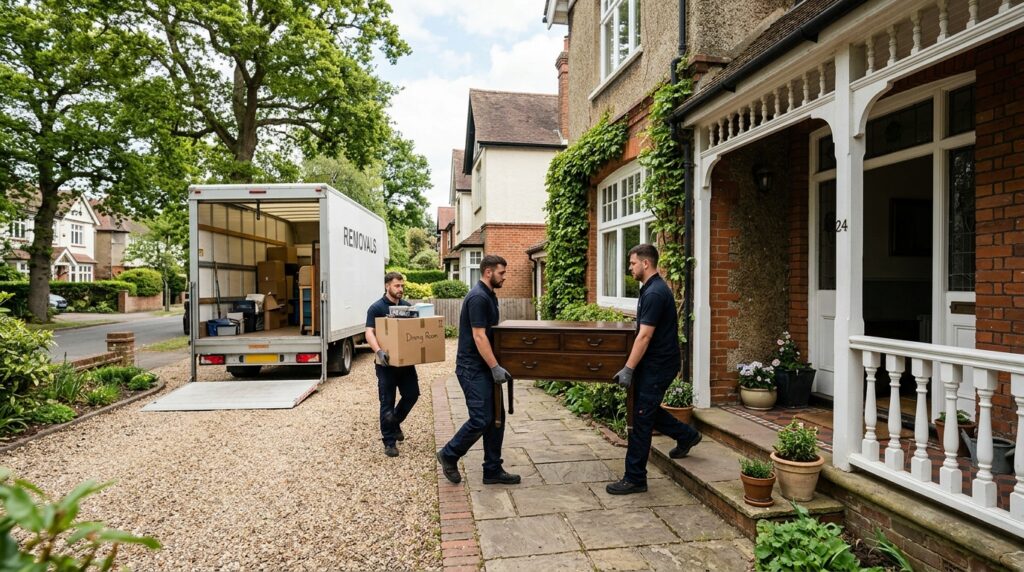 Workers carrying furniture and boxes out of a family home during an estate cleanout