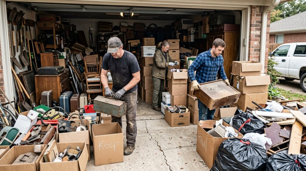 Workers clearing out a packed garage during an estate cleanout sorting items into keep and haul piles