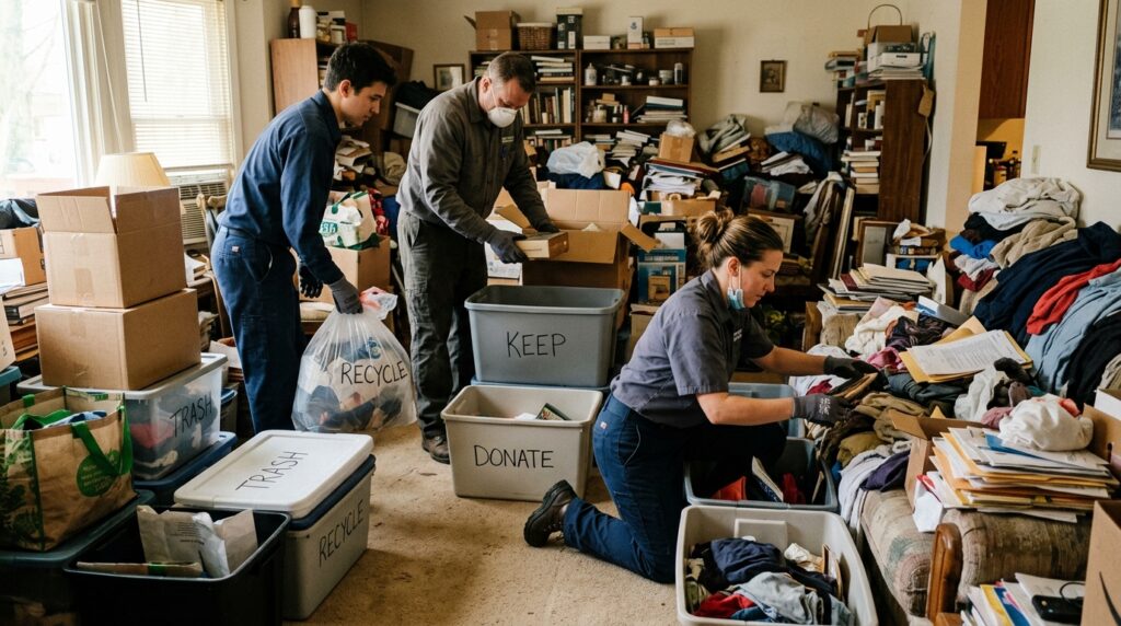 Professional workers sorting through accumulated possessions during a hoarding cleanup
