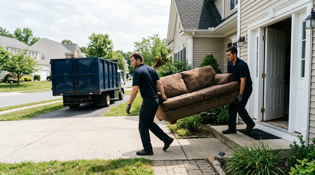 Workers carrying old couch out of house