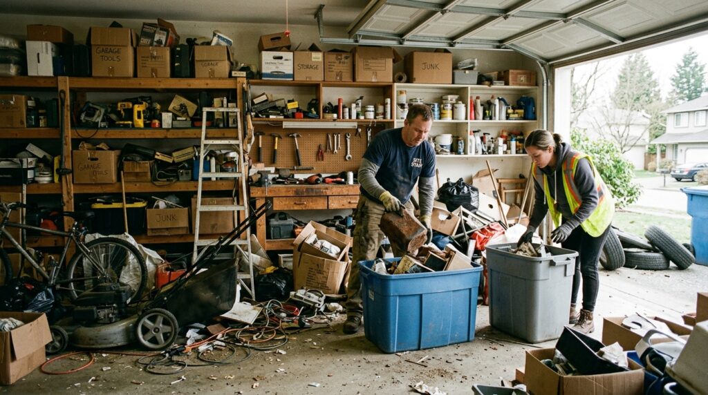 Workers cleaning out cluttered garage
