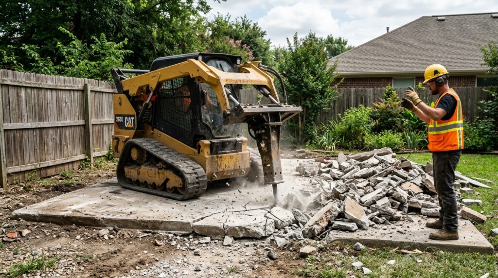 Skid steer breaking up a concrete slab where a shed used to stand