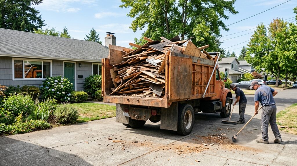Dump truck loaded with wood debris from demolished shed with workers sweeping driveway