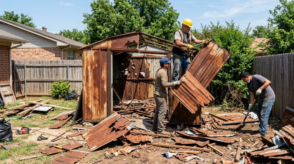 Workers tearing apart a rusted metal storage shed in a suburban backyard