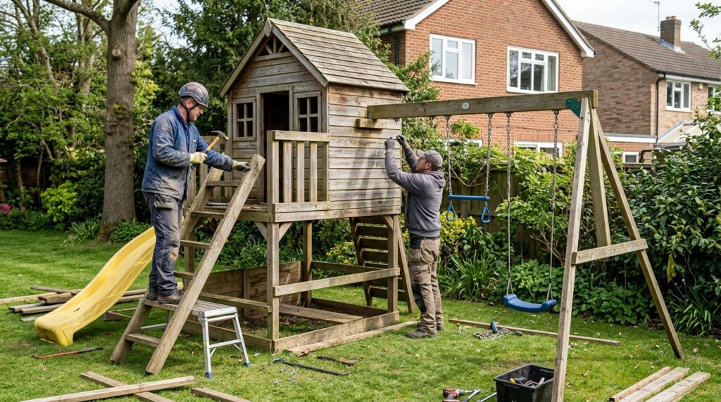 Workers dismantling a wooden children's playhouse and swing set in a backyard