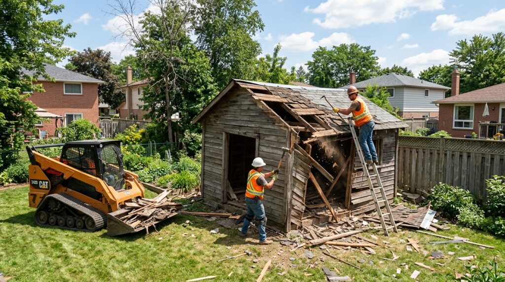 Workers demolishing a weathered wood shed in a residential backyard with skid steer nearby