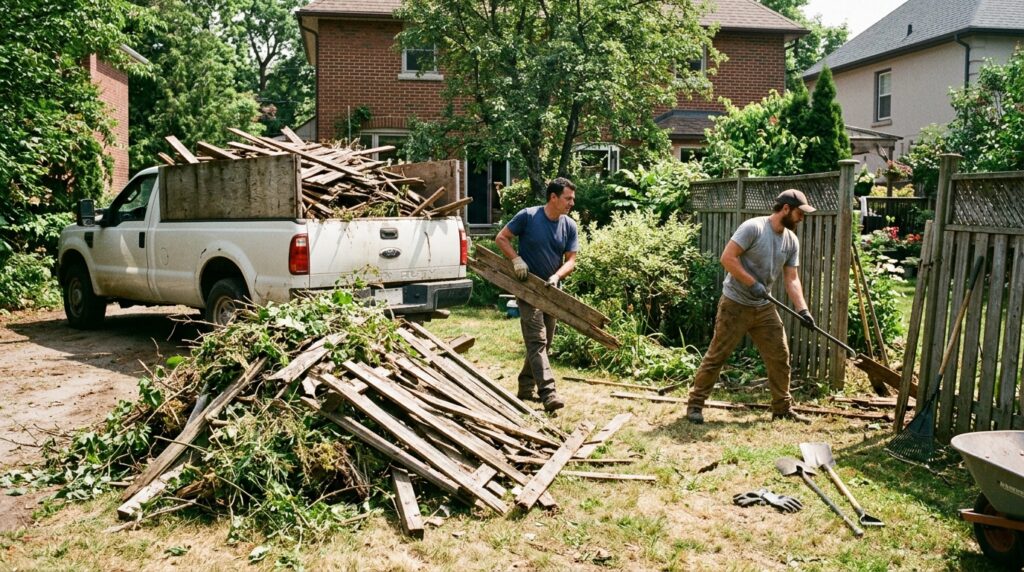Workers removing fence pieces and yard waste