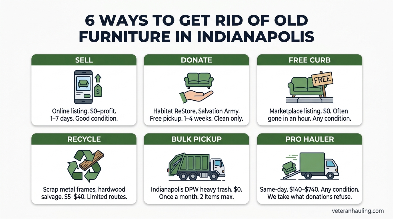 Infographic showing six ways to get rid of old furniture in Indianapolis: sell online, donate to Habitat ReStore or Salvation Army, post free at the curb, recycle metal frames and hardwood, schedule Indianapolis DPW heavy trash pickup, or hire a professional hauler