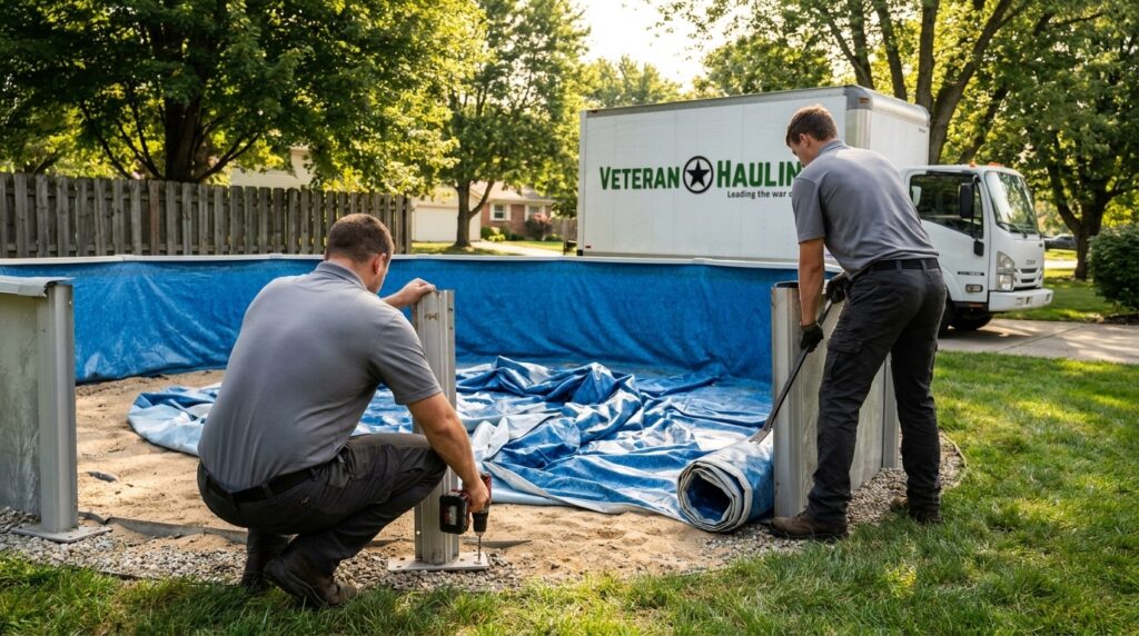 Veteran Hauling crew in gray polos taking down an above-ground steel-wall pool in a suburban Indianapolis backyard, branded white box truck in driveway