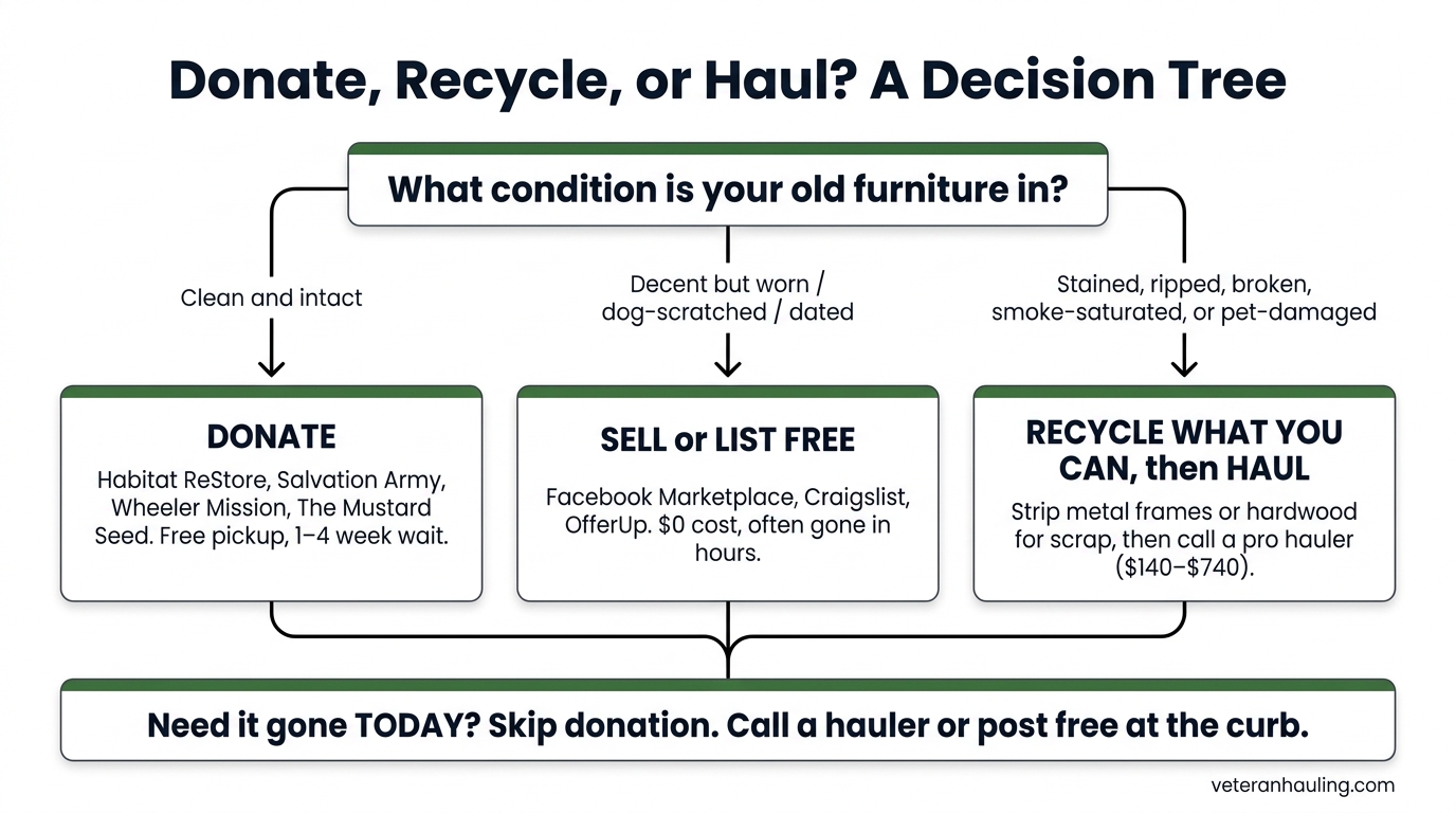 Decision tree showing how to choose between donating, selling, recycling, or hauling old furniture based on its condition: clean and intact goes to donation, decent but worn goes to sell or list free, stained ripped or pet-damaged goes to recycle and haul