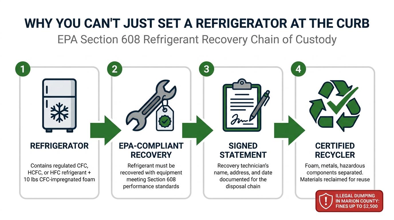 Why you can't just set a refrigerator at the curb in Indianapolis: EPA Section 608 requires refrigerant recovery by certified equipment before disposal, scrap yards and landfills require signed documentation, illegal dumping in Marion County triggers fines up to $2,500, foam insulation contains 10 pounds of regulated CFC-11