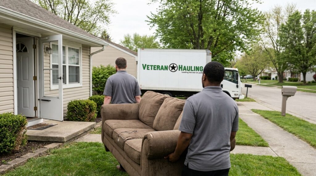 Two-person Veteran Hauling crew in gray polos carrying an old brown couch out of a suburban Indianapolis front door toward a branded white Veteran Hauling box truck parked at the curb
