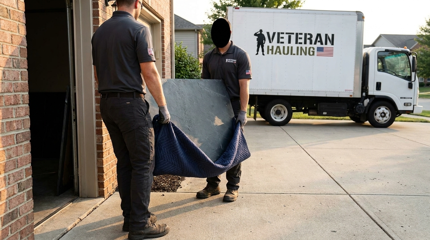 Veteran Hauling crew carrying a wrapped slab of slate from an old pool table out of a suburban Indianapolis basement walk-out toward a branded white box truck on the driveway