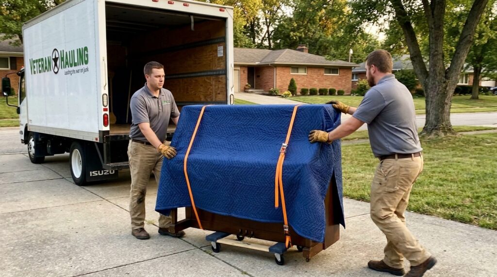 Veteran Hauling crew rolling a wrapped upright piano on a dolly toward a branded box truck on a suburban Indianapolis driveway