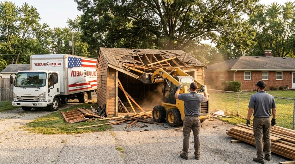 Veteran Hauling crew demolishing a detached single-car wood-frame garage with a yellow skid steer in a suburban Indianapolis backyard, branded white box truck parked in the driveway