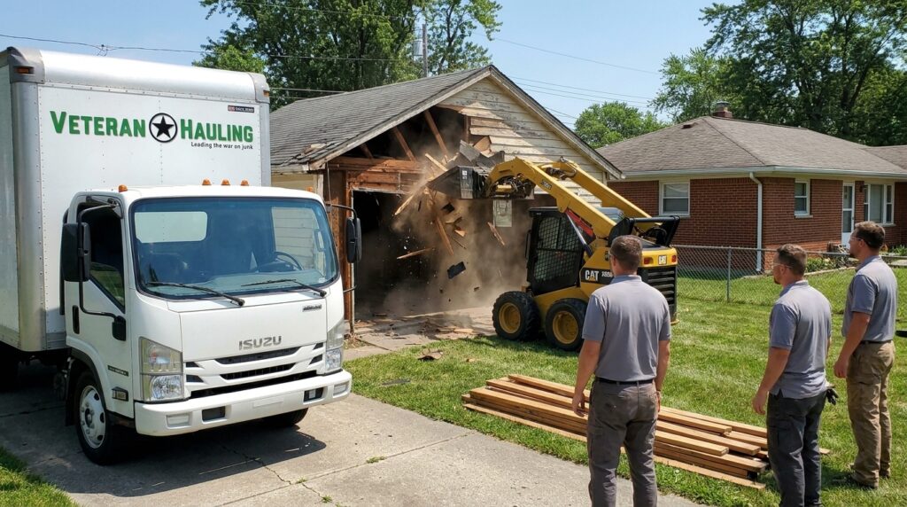 Skid steer demolishing a detached two-car garage with Veteran Hauling box truck on the driveway in central Indiana