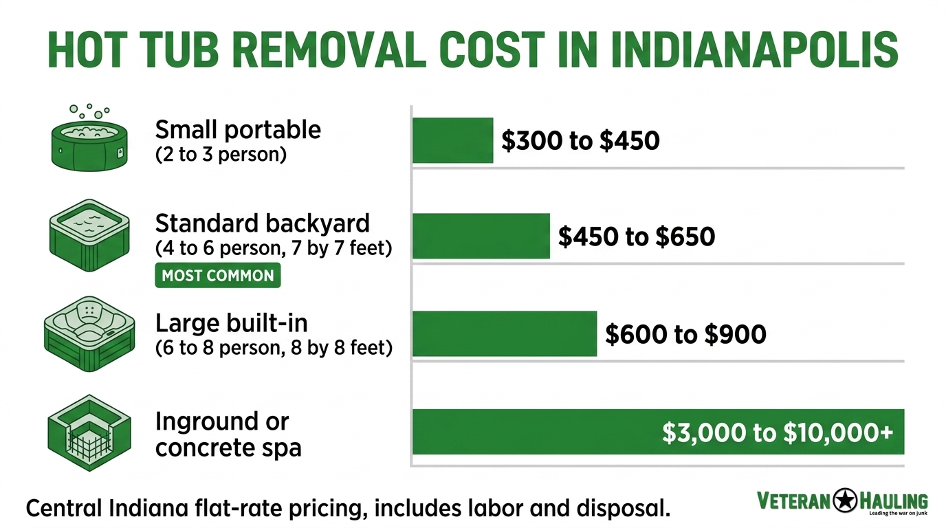 Hot tub removal cost tiers in Indianapolis: small portable $300 to $450, standard 7 by 7 backyard tub $450 to $650 most common, large 8 by 8 built-in $600 to $900, inground or concrete spa $3,000 to $10,000 plus