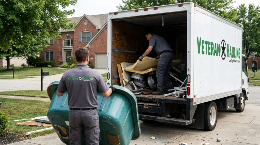 Veteran Hauling crew in gray polo uniforms loading=