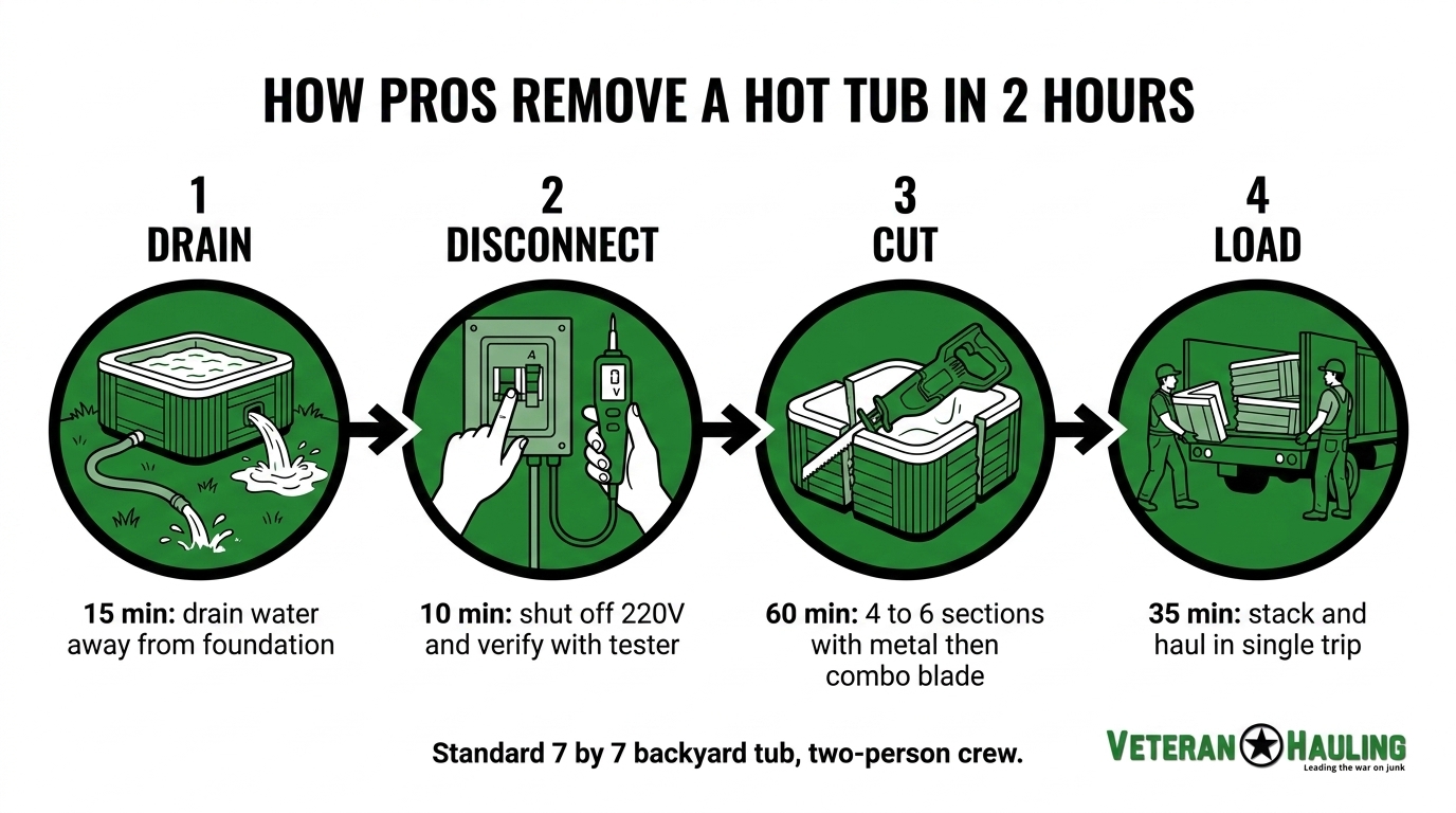 Four-step hot tub removal process diagram: drain water 15 minutes, disconnect 220V power 10 minutes, cut into sections with reciprocating saw 60 minutes, load and haul 35 minutes