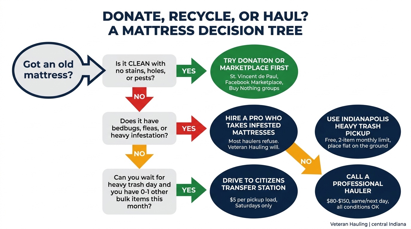 Decision tree flowchart for mattress disposal in central Indiana: clean mattresses go to donation or Marketplace, bedbug or infested mattresses go to a professional hauler that takes them, and clean mattresses with no other bulk items can use Indianapolis heavy trash pickup or the Citizens Transfer Station for 5 dollars