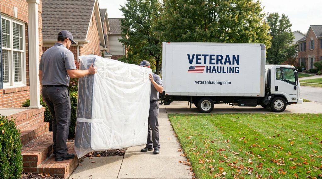 Veteran Hauling crew in gray polos carrying a wrapped queen mattress out of a suburban Indianapolis home toward a branded Veteran Hauling box truck