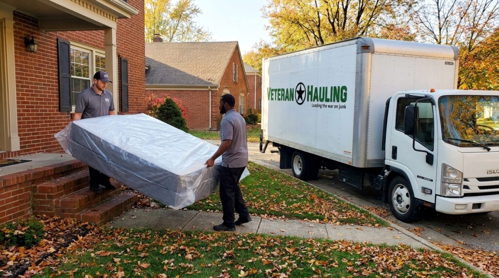 Veteran Hauling crew carrying a plastic-wrapped mattress from a brick suburban home to a branded box truck at the curb in central Indiana