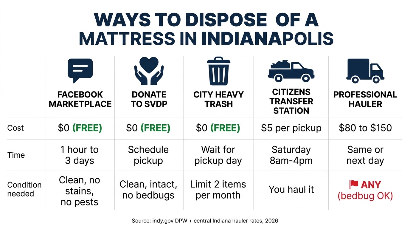 Comparison chart of five ways to dispose of a mattress in Indianapolis: Facebook Marketplace free, donate to SVDP free, city heavy trash free with 2 items per month limit, Citizens Transfer Station 5 dollars on Saturdays, and professional hauler 80 to 150 dollars same or next day with any condition accepted including bedbugs