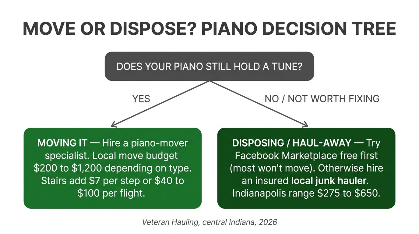 Piano move or dispose decision tree: if the piano holds a tune, hire a piano-mover specialist for a local move at $200 to $1,200, if it does not hold a tune, hire an insured local junk hauler for haul-away at $275 to $650 in central Indiana