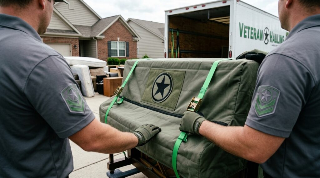 Two Veteran Hauling movers in gray polos load a wrapped upright piano onto a four-wheel furniture dolly in front of a branded white box truck in a suburban Indianapolis driveway