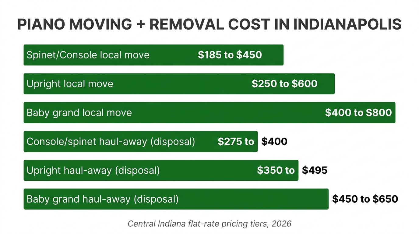 Piano moving and removal cost tiers in Indianapolis: spinet console local move $185 to $450, upright local move $250 to $600, baby grand local move $400 to $800, console spinet haul-away $275 to $400, upright haul-away $350 to $495, baby grand haul-away $450 to $650