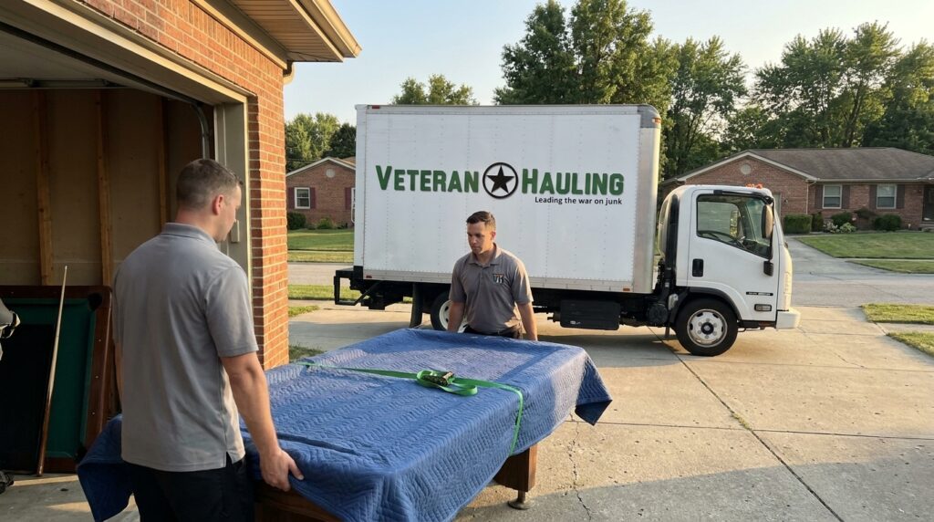 Veteran Hauling crew carrying wrapped pool table slate from suburban basement to white branded box truck on driveway