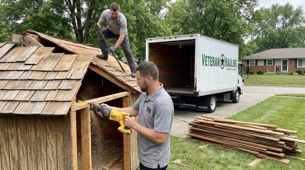 Veteran Hauling crew dismantling an old wood shed in a central Indiana backyard with branded box truck on the driveway