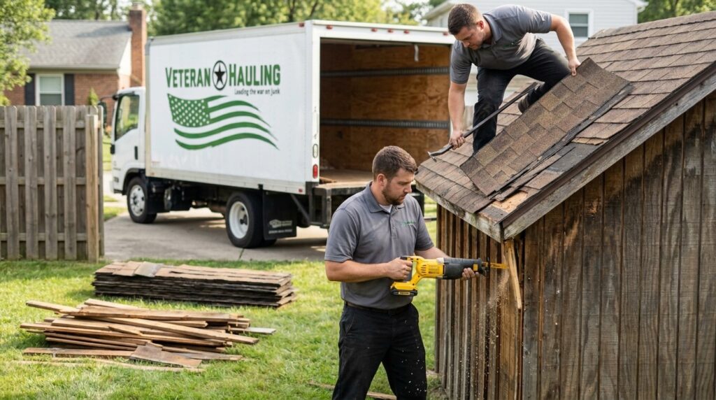 Veteran Hauling crew dismantling a wooden backyard shed in suburban Indianapolis with a reciprocating saw and pry bar, branded white box truck in driveway