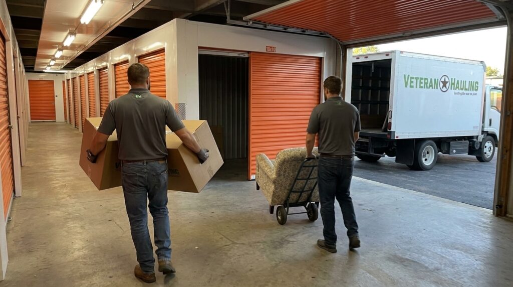 Veteran Hauling crew clearing out a 10x10 storage unit at a central Indiana self-storage facility, branded white box truck backed up nearby