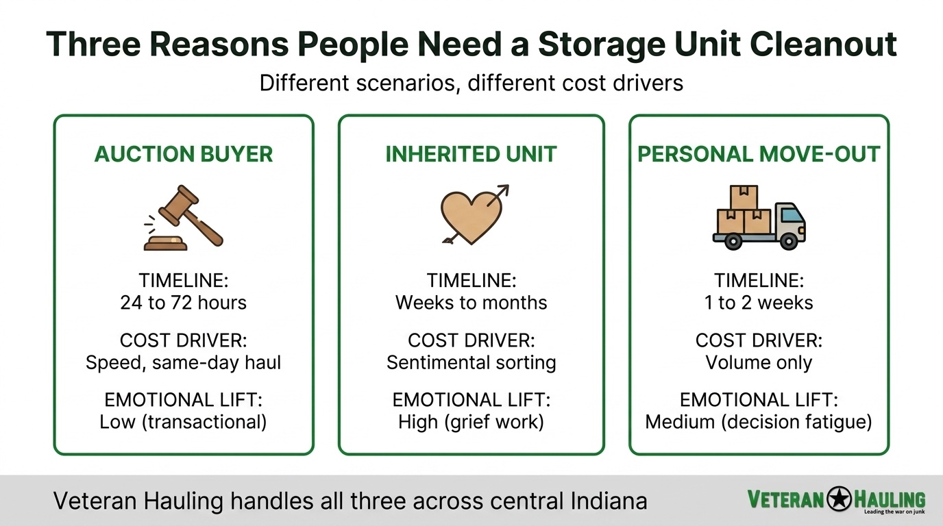 Three storage unit cleanout scenarios compared: auction buyer 24 to 72 hours speed cost driver, inherited unit weeks to months sentimental sorting, personal move-out 1 to 2 weeks volume only