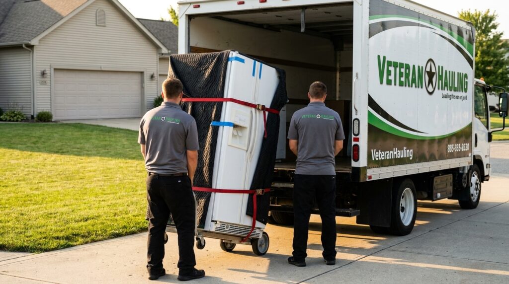 Veteran Hauling crew in gray polos loading=
