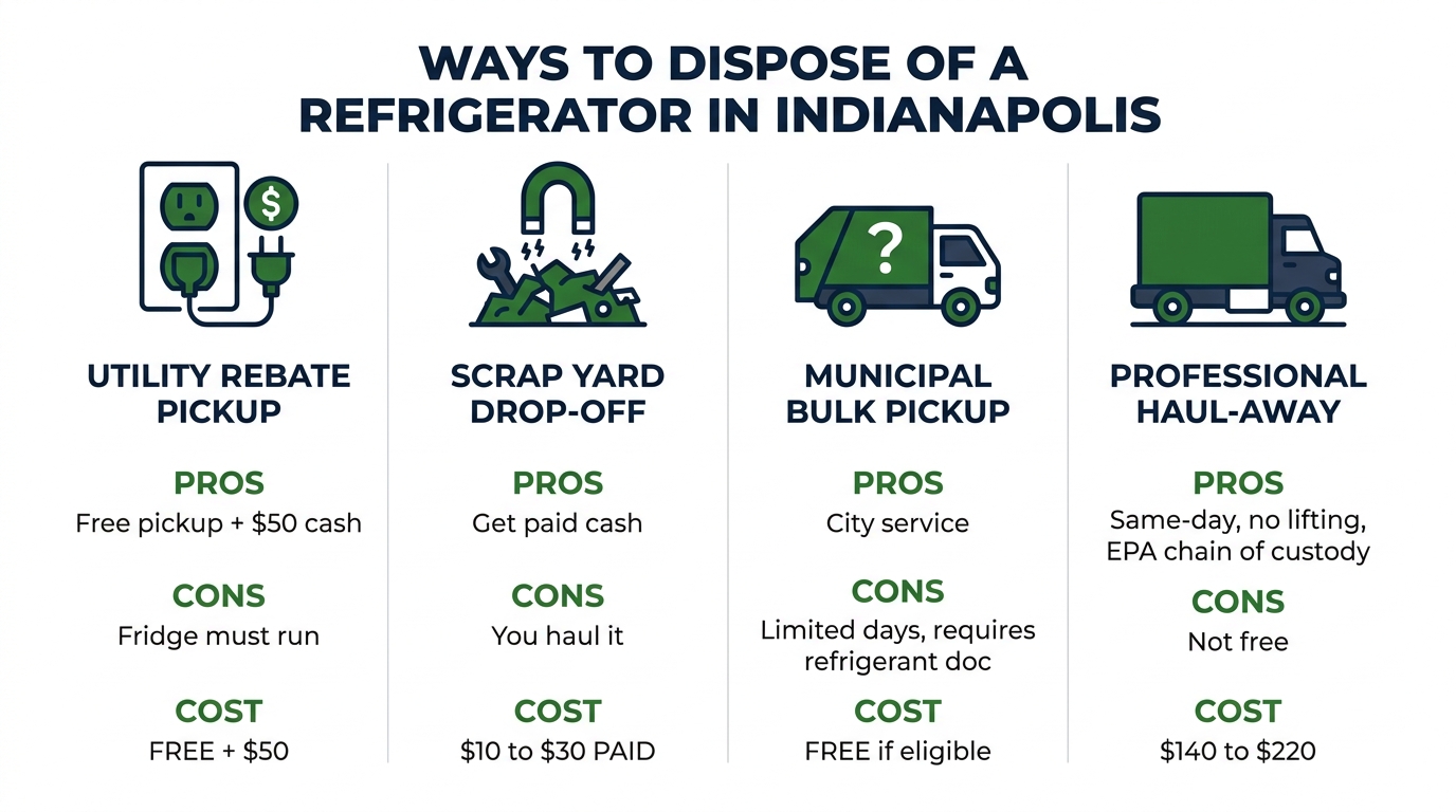 Four ways to dispose of a refrigerator in Indianapolis comparison chart: AES Indiana utility rebate $50 with free pickup for working fridges, scrap yard $10 to $30 cash for any condition, municipal bulk pickup limited and requires refrigerant pre-removal documentation, professional haul-away $140 to $220 with stairs included