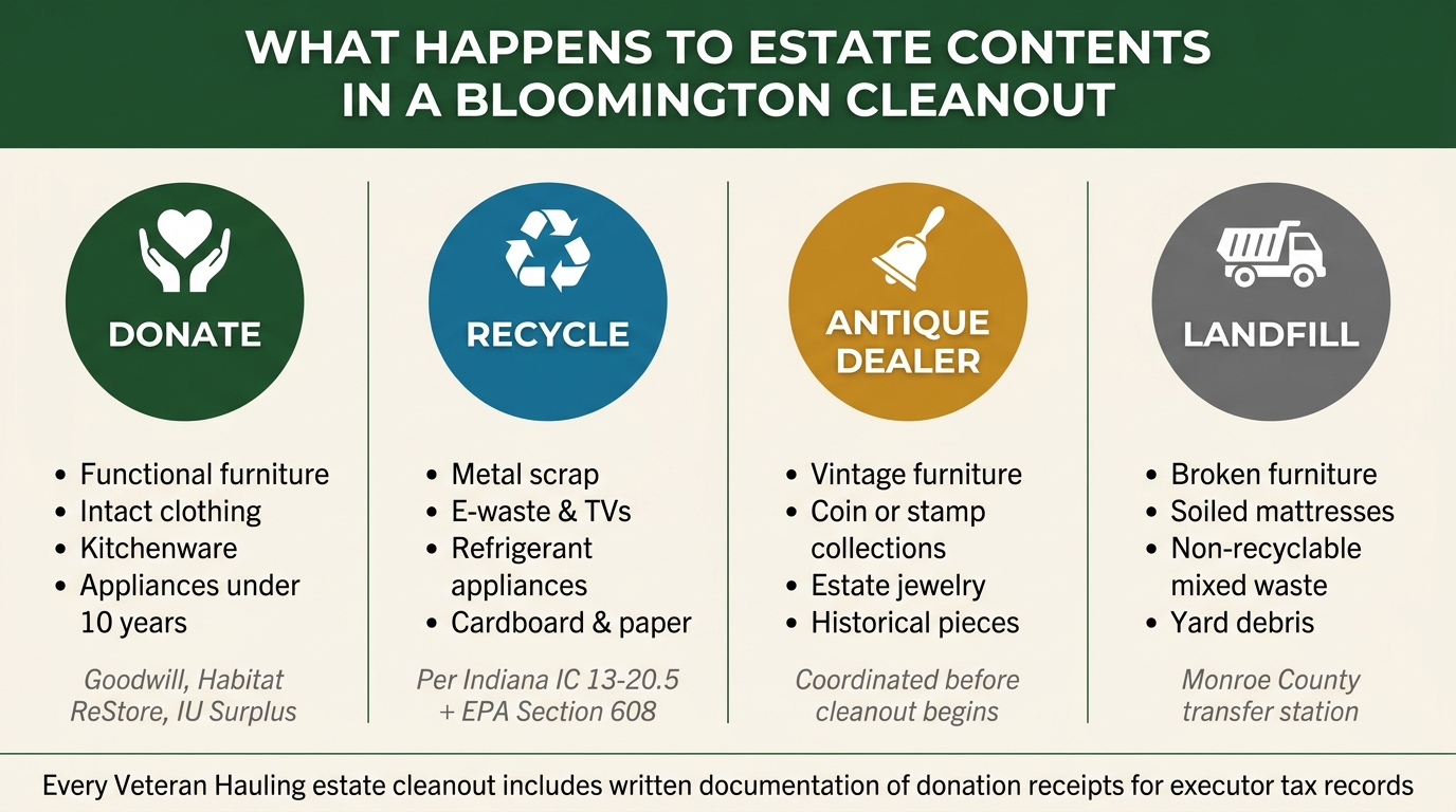 Bloomington estate cleanout disposition routing diagram showing donation, recycling, resale, and Monroe County landfill paths for estate items.
