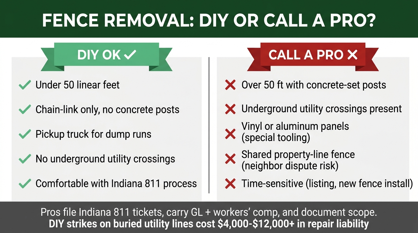Decision flowchart showing when DIY fence removal works for Indianapolis homeowners vs when to hire a pro based on fence material, post type, and linear footage.