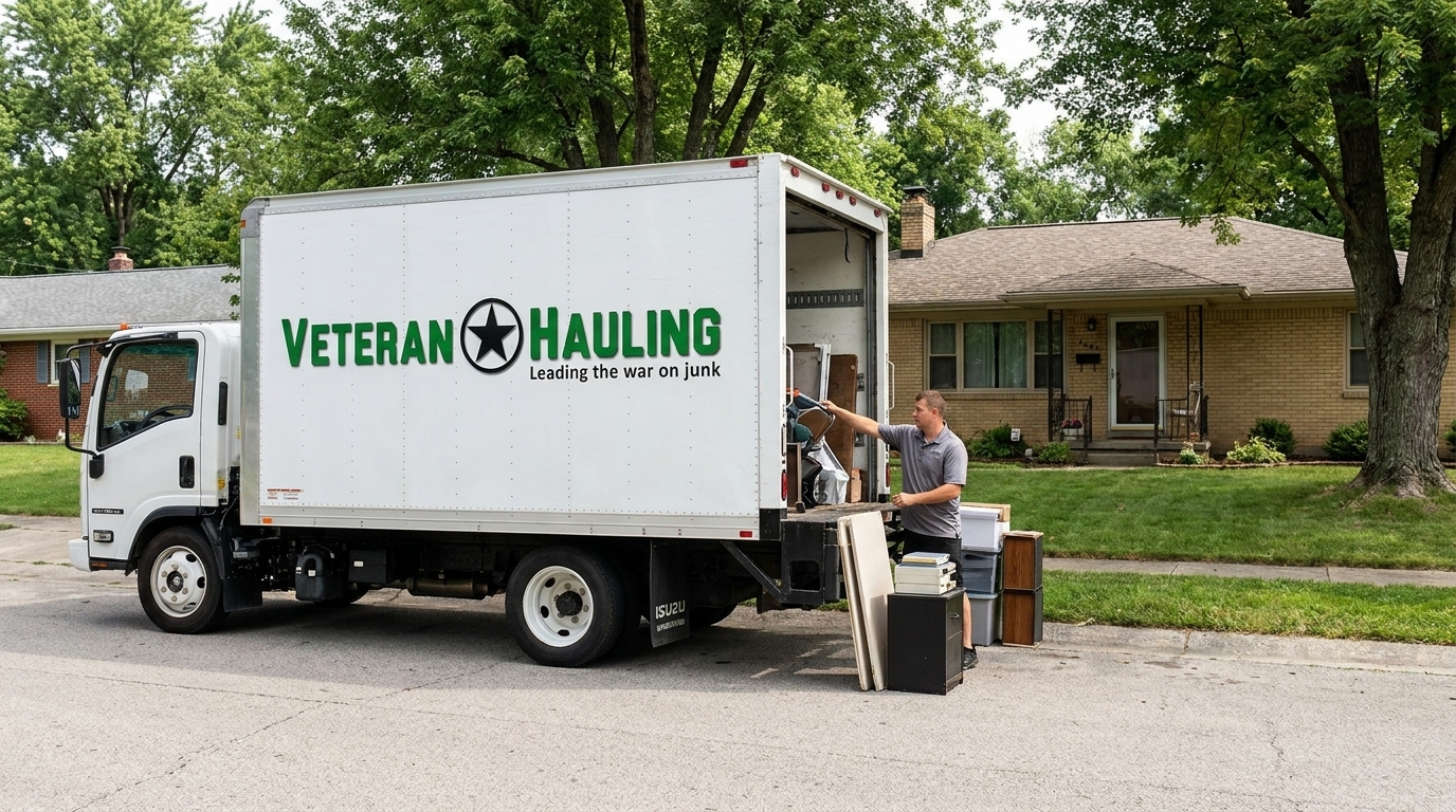 Veteran Hauling white Isuzu box truck parked in front of a brick Bloomington-style mid-century ranch home with a crew member in a gray polo unloading items for a return run.