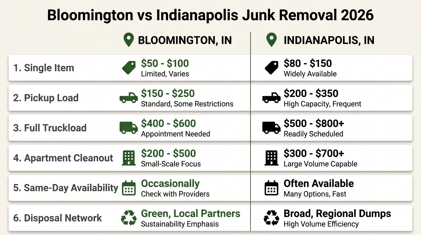 Side-by-side infographic comparing Bloomington and Indianapolis junk removal across single item, pickup load, full truckload, apartment cleanout, same-day availability, and disposal network categories for 2026.