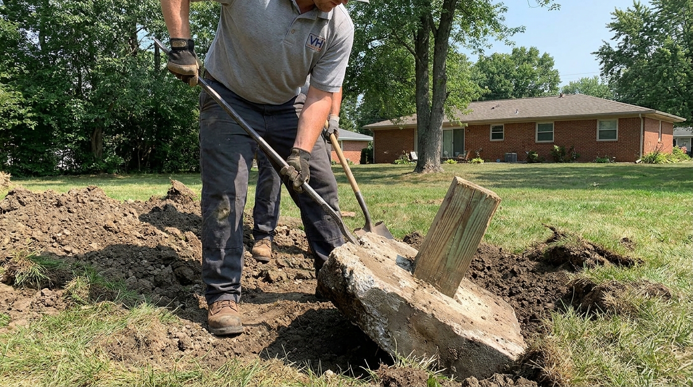 Veteran Hauling crew extracting a concrete deck footing from a central Indiana backyard using a pry bar and shovel during a deck teardown job.